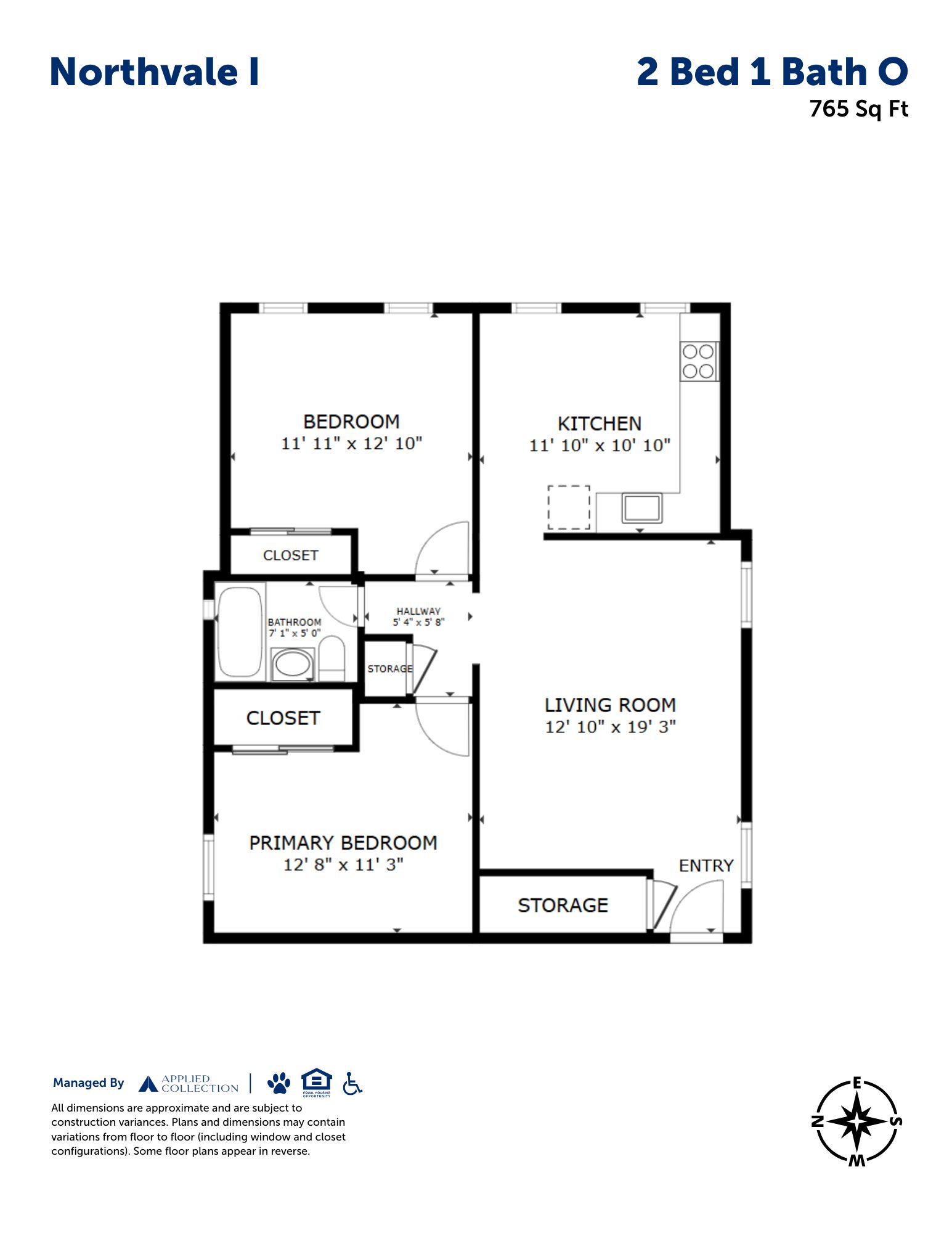 Floor plan for 2 beds, 1 bath, 765 sqft